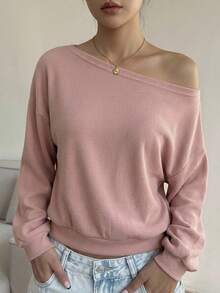 DAZY Ladies' Plain Asymmetrical Shoulder T-Shirt Long Sleeve Women Tops Off Shoulder Top - Pink - View 13