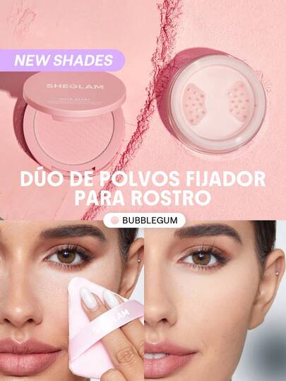 SHEGLAM Duo de polvos fijadores para rostro y contorno de ojos Insta-Ready: Bubblegum 2 en 1, polvos sueltos iluminadores con control de aceite, color rosa, mate, sin poros, resistente al agua, polvos compactos de larga duración, color rosa navideño para el
