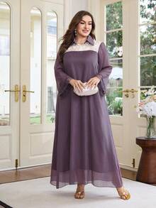 Al Najma Vestido largo de manga larga de gasa morada brillante, con parches de encaje floral, tela bordada con cuentas, vestido maxi elegante y holgado con cuello de camisa, talla grande - Morado - Ver 7
