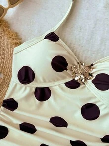 SHEIN Tween Girls Tween Girl Casual Cute Yellow Large Polka Dot Print Metallic Flower Decor Ruched Halter One-Piece Swimsuit, Beach Vacation - Yellow - View 5