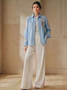 Camisa de manga larga azul con bordado floral grande elegante y romántica para mujer, moda primavera/verano, para fiesta de San Valentín y vacaciones, con jeans - Beis - Ver 5