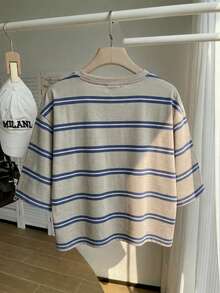 Comfortcana Camiseta de talla grande con estampado de rayas, cuello redondo y manga corta, de algodón, adecuada para uso diario - Multicolor - Ver 2