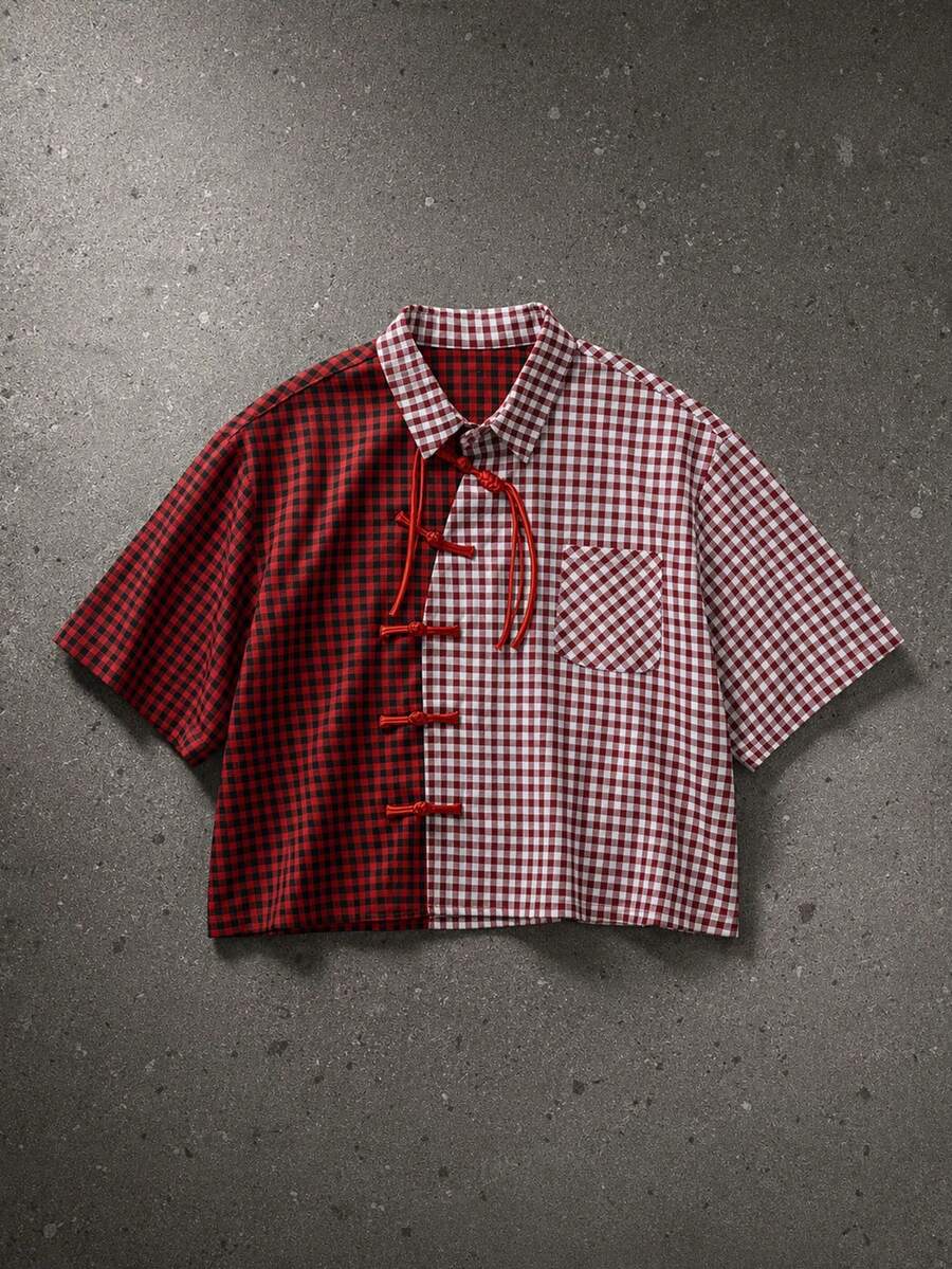 Manfinity RebelGame Men's Contrast Plaid Short Sleeve Button-Down Casual Street Wear Shirt Vacation Red And White Plaid Summer - Red - View 1