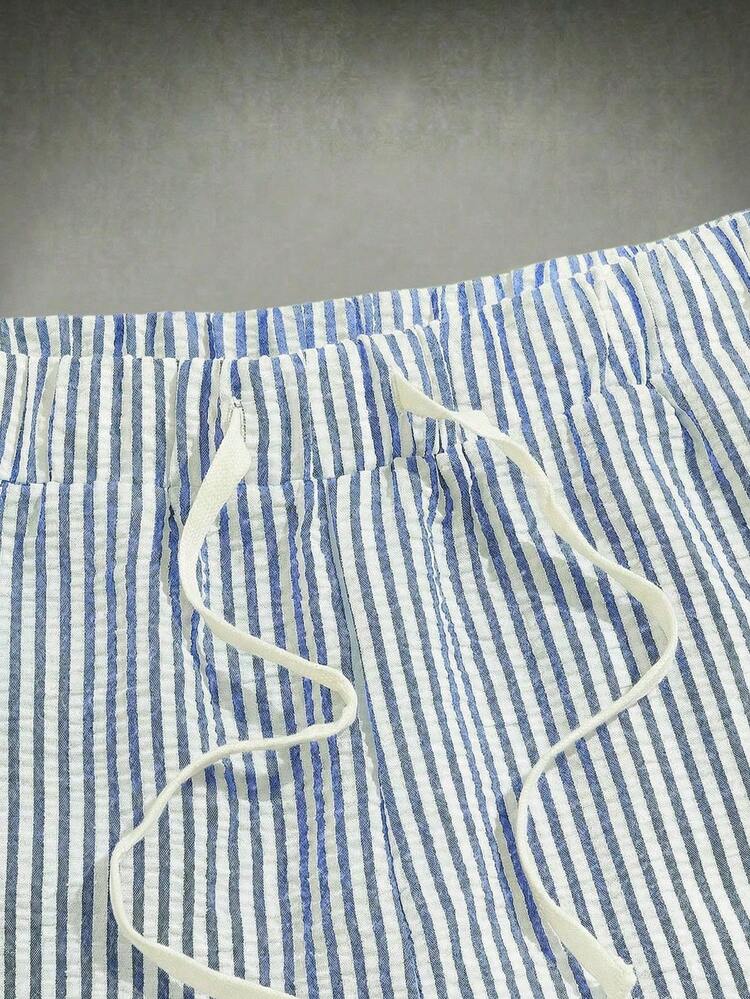 HIMLAND 大尺碼男士條紋休閒抽繩腰短褲，度假、父親節禮物 - 藍白色 - 查看 3