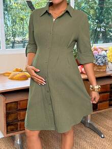SHEIN Green Long-Sleeved Shirt Dress For Pregnant Women Single-Breasted Pleated Casual Business Teachers' Day Autumn Fall Maternity Photoshoot - Army Green - View 5