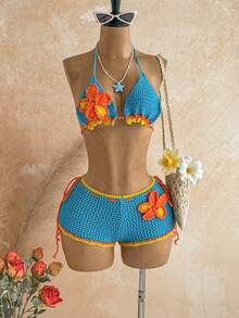 Ure Wave Women's Vacation 3D Floral Decor Crochet Cropped Halter Knit Top And Knit Shorts Sexy Boho 2-Piece Set Beach Blue Floral Summer - Multicolor - View 7