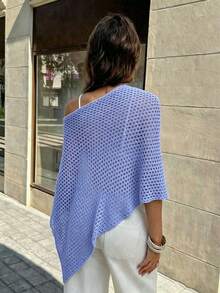 SHEIN PariChic Sweater Wanita Warna Polos Leher Bulat Desain Berongga Hem Asimetris untuk Liburan Musim Panas Warna Biru Muda Gaya Boho - Biru - View 2