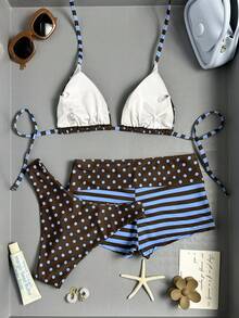 Bonvoyette Women's White And Polka Dot Striped Bikini Swimsuit Set, Simple Three-Piece With Low-Rise Shorts, Summer Casual Sexy Holiday Vacation Outfits Golf - Multicolor - View 2