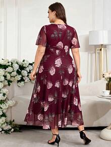 Reflora Plus Size Women's Summer Dress Elegant Dress Office Dress Mesh Dress Stretchy Dress Short Sleeve Dress Long Dress - Burgundy - View 2