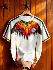Aesthetic Post Áo thun Jersey in hình ngọn lửa kiểu Mỹ cổ điển, cổ tròn, đường viền vai tương phản, áo thun in họa tiết dành cho nam và nữ, áo ngắn tay thể thao đường phố, bóng đá, phụ kiện bóng đá. - Nhiều màu - Xem 3