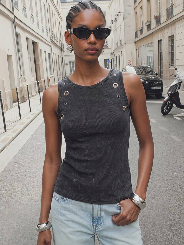 SHEIN Maija Women's Charcoal Gray Summer Eyelet Round Neck Tank Top,Streetwear City Break Vacation Outfit,Casual Elegant Sleeveless Blouse,Festival Party Top