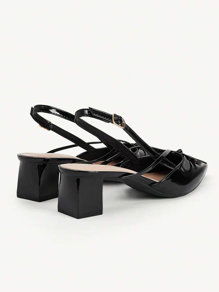 CUCCOO CHICEST Black Pointed Toe Bow Slingback Thick Heel Sandals, Workplace Commuting Temperament Shoes
