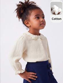 Maija Kids Maija Kids 1件裝女童少女優雅休閒簡約寬鬆彼得潘領荷葉邊裝飾杏色柔軟舒適時尚百搭襯衫，適合日常穿著 - 杏色 - 查看 6