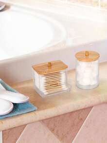 Ball Dispenser 3 Pieces Set, Round Pad, Clear Plastic Bottle Set With Dental Floss, Bathroom Storage Box, Cosmetic Organizer With Wooden Lid For Dressing Table, Vacation, Beach, Bathroom, Bedroom, Large Capacity. - Multicolor - View 2