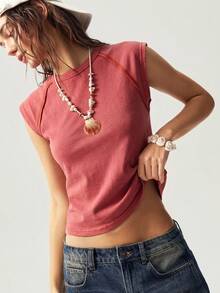 Bohemela Camiseta de mujer de punto de cuello redondo ajustada de unicolor lavada - Color caoba - Ver 3