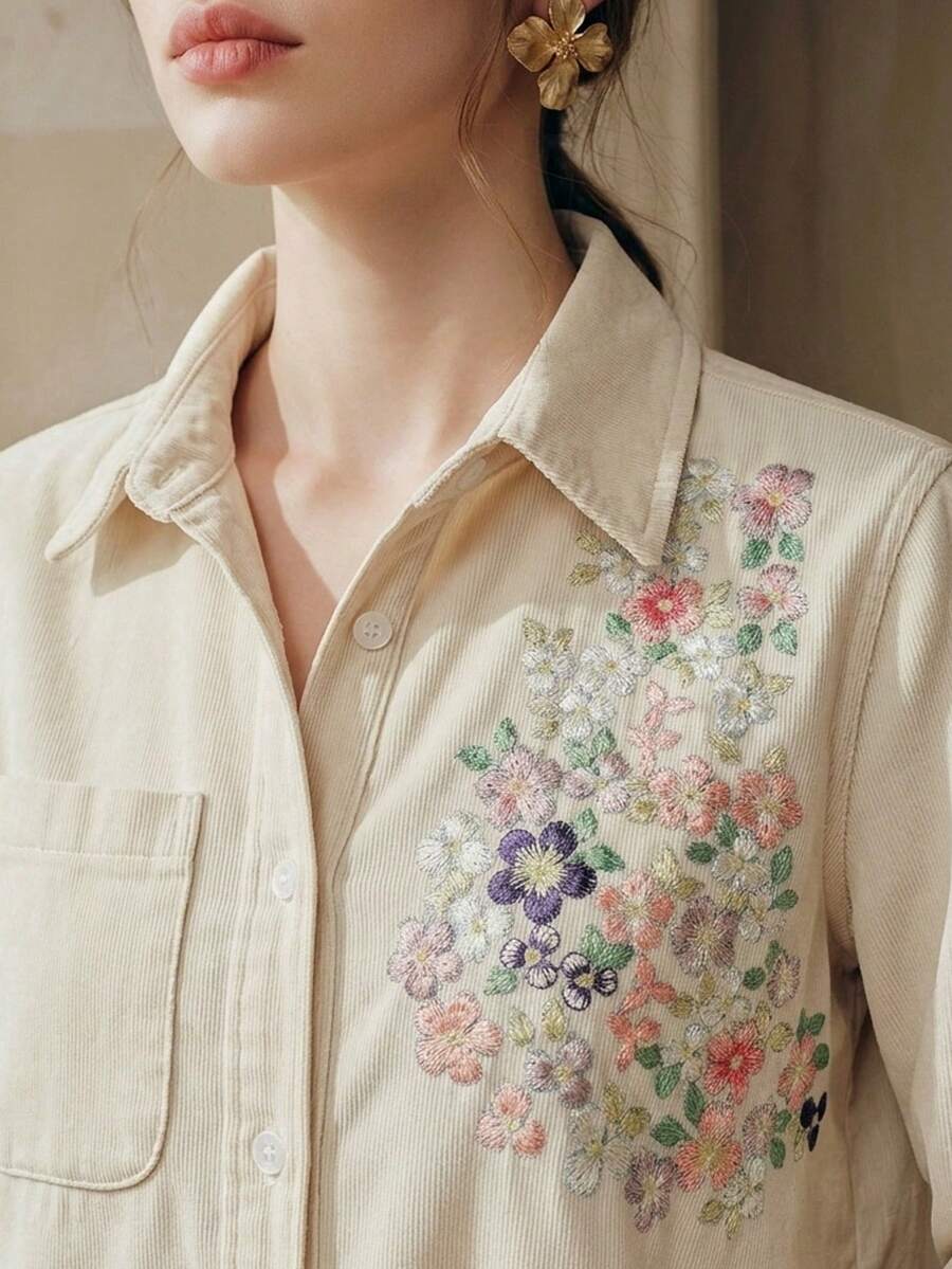 Anewsta 女款春夏時尚優雅大花刺繡情人節浪漫派對度假藍色長袖襯衫牛仔褲 - 米色 - 查看 1