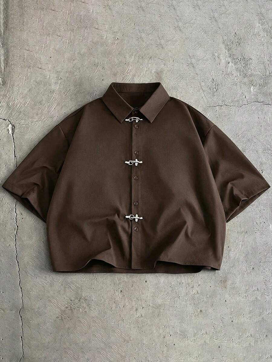 AXEPEAK Men's Solid Color Single-Breasted Fashion Short Sleeve Shirt - Brown - View 1