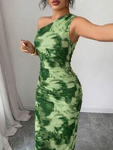 Selianne 女款奢華晚禮服，紮染印花不對稱領口無袖性感長洋裝 - 淺綠色 - 查看 5