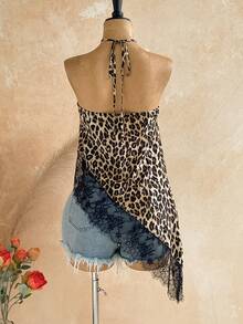 Soleia Women's Tank Top Leopard Print Halter Neck Tie Asymmetrical Hem Lace Trim Sexy Sleeveless Top Going Out Night Out Cocktail Parties Black And White - Brown - View 2