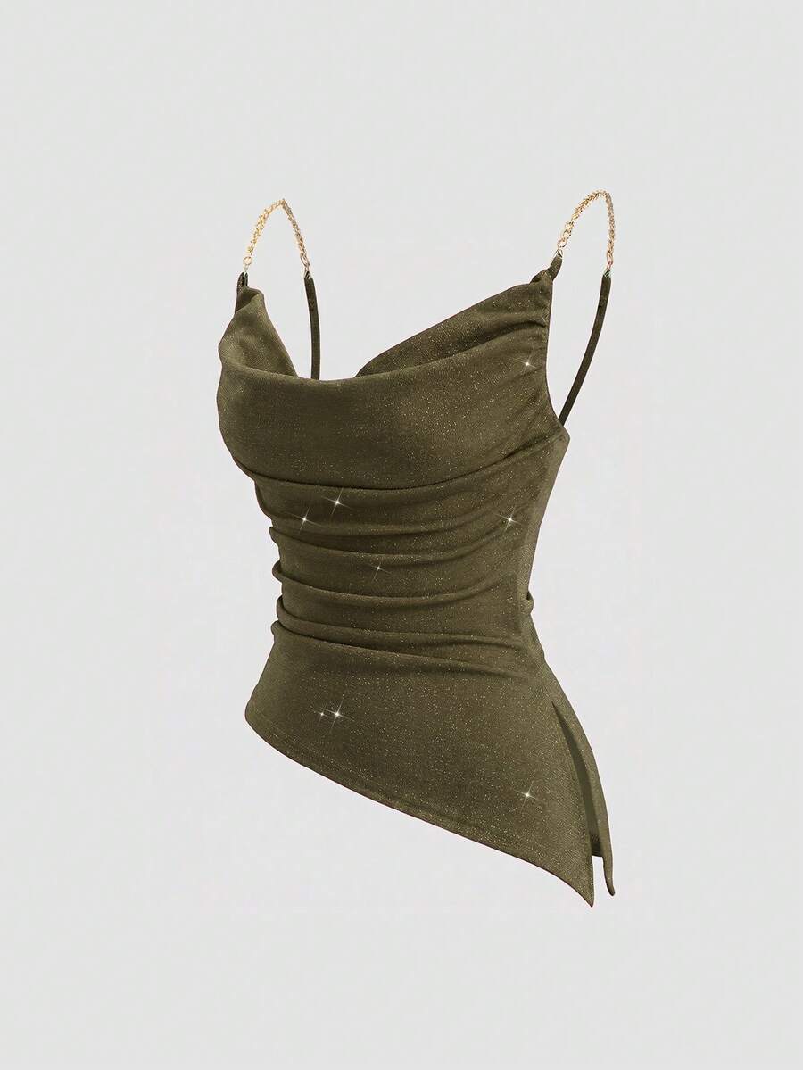 Sweetra Women's New Fashion Versatile Shiny Knit Tank Top With Waist Cinched, Flared Neckline And Asymmetrical Hem - Army Green - View 1