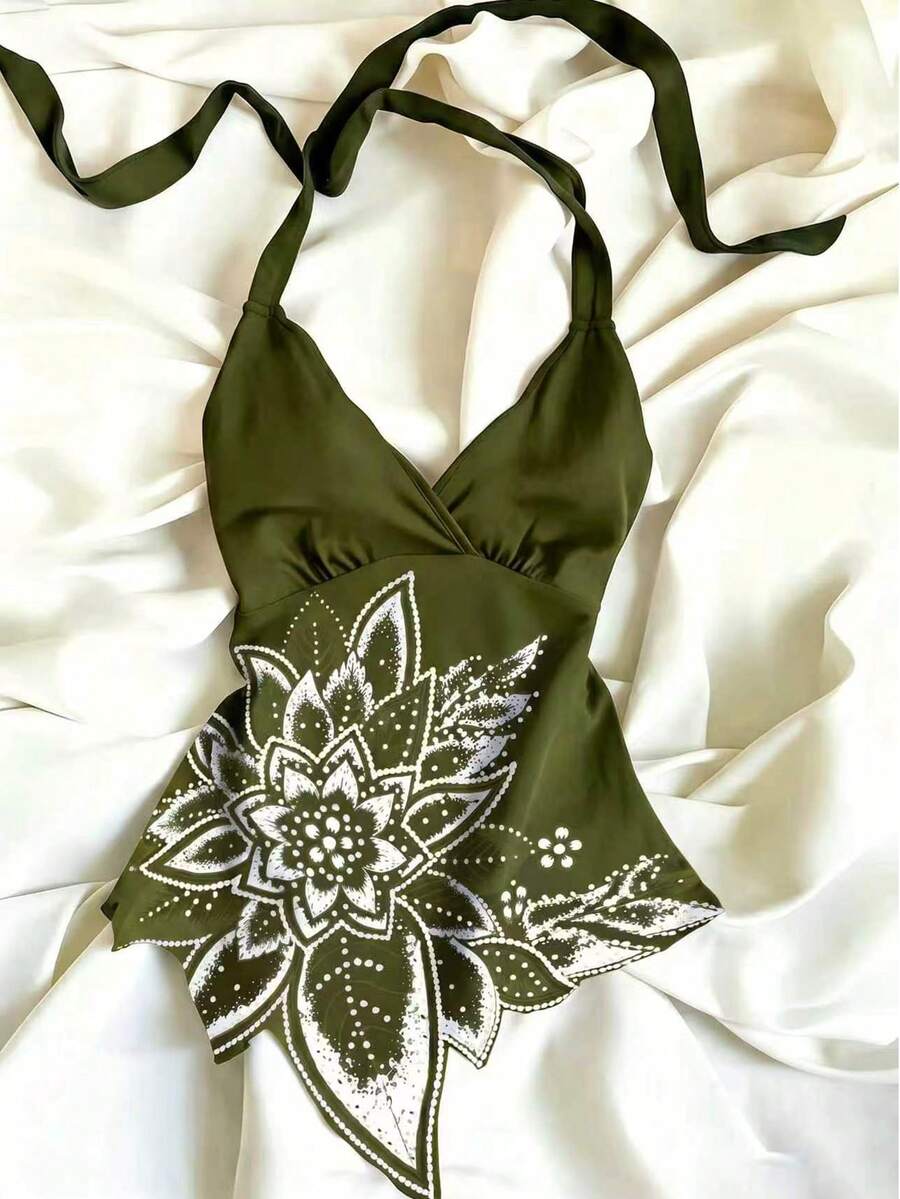 Franclia 女士夏季休闲度假印花露背系带吊带衫 - 軍綠色 - 查看 1