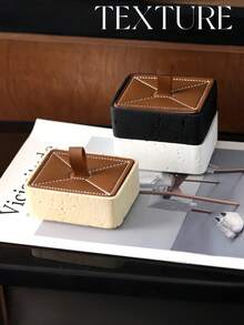 Haus Hana 1Pc Travertine Style Cotton Swab Holder, With Faux Stone Base And Leather Lid, Compact Design For Organizing Cotton Swabs, Toothpicks And Small Items, Ideal For Bathroom, Hotel And Home Decor. - multicolor - View 8