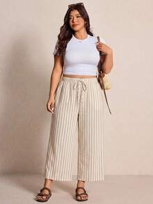 Elaquor Casual Everyday Versatile Striped Pattern Plus Size Women's Lace-Up Wide Leg Pants - Multicolor - View 5