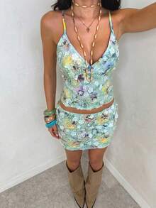 SHEIN Glamour 3D Floral Print Spaghetti Strap Crop Top Mini Skirt Two Piece Set 3D Three-Dimensional Floral Applique Fabric Y2k Boho Summer Vacation Chic - Green - View 7