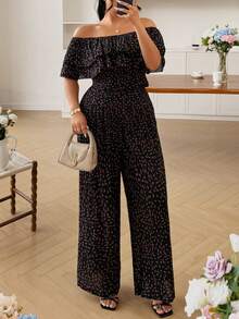 Modelyn Random Floral Bubble Wrinkle Print Square Neck Ruffle Ditsy Floral Blouse Paired With Wide Leg Pants Fashion Elegant Romantic Plus Size 2pcs Set - Black - View 5