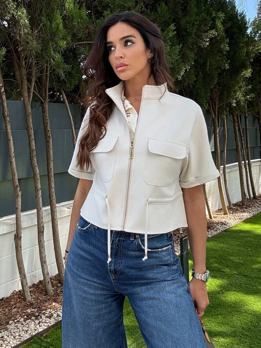 Maca Silvats Fashionable Short Utility Shirt, With Two Symmetrical Chest Pockets, Cinched Waist Design, Overall Neat And Practical - Beige - View 1