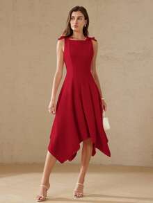 BELROSIE Vestido largo elegante rojo para fiesta y cita, corte princesa, silueta A entallada, sin mangas, cuello redondo, detalle de nudo en los hombros, bajo ancho asimétrico - Rojo - Ver 7