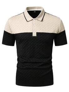 EGENSIO Men's Knitted Jacquard Textured Patchwork Collar Ribbed Cuff 3-Button Polo Shirt, Ceremony - Apricot - View 6
