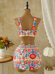 Swim Lushoire Set Pakaian Renang Musim Panas Terbaru dengan Atasan Tankini Berkerut dan Rok Mini Motif Bunga, Set Bikini Konservatif Gaya Boho untuk Liburan Pantai Warna Beige - MultiWarna - View 2