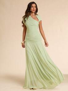 SHEIN BAE Asymmetric Ruched Fitted Long Dress, Green, Suitable For Wedding Guest,Dresses For Women Summer - Green - View 6