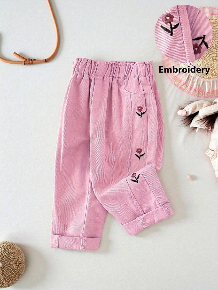 LMoss Kids Celana Panjang Longgar Model Meruncing Motif Bordir Bunga Denim Khaki untuk Bayi Perempuan - Berwarna merah muda - View 1