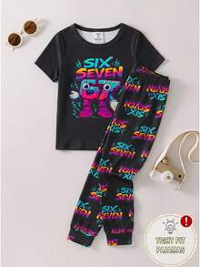 [Randomly Shipped 1 Set]Young Boys Pajamas Spring/Summer New Glow-In-The-Dark Hot-Selling Elements Universe, Rocket, Astronaut, Fun Digital Human 67 Combination Pattern Print, Knitted Tight Fit High Elastic Fabric Short Sleeve Long Pants Pajama 2-Piece Set Tight Fit Pajama (Randomly Shipped) 1 Set Will Be Shipped At Random - Multicolor - View 7