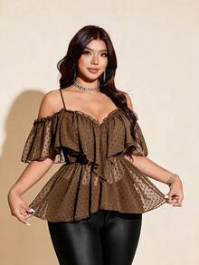 Viva Relle Plus Size Women's Sexy Off-Shoulder Backless Ruffle Trim Blouse - Brown - View 2