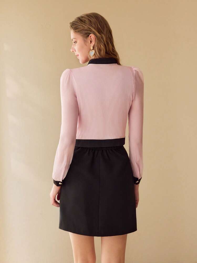 CONTRAST BINDING RUFFLE TRIM BLOUSE,SPRING/SUMMER