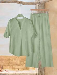 Rusticease Daily Casual Solid Color Shirt And Long Pants Set Vacation Sage Green Summer - Green - View 4