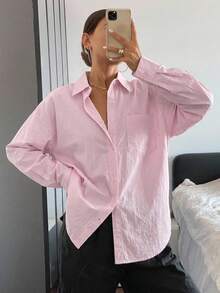 DAZY Women's Spring/Summer Loose Drop Shoulder Long Sleeve Solid Color Casual Shirt School - Pink - View 7