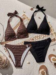 SHEIN Bộ bikini nữ 4 món/bộ, cùng kiểu phối hai màu - Nhiều màu - Xem 1