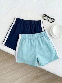 SHEIN Tween Girl Tween Girls Shorts Colorful Summer Contrast Webbing Shorts, 2pcs - Blue - View 2