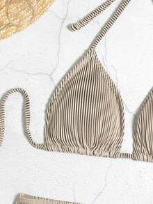 Swim SXY Summer Beach 3packs Halter Triangle High Cut Bikini & Beach Skirt - Khaki - View 8