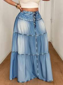 Maweii Rok Panjang Kasual Efek Denim Kancing Depan untuk Wanita Ukuran Plus (Musim Gugur) - Biru - View 4