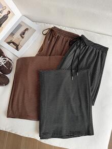Comfortcana Pantalones holgados de cintura elástica con cordón y patrón a rayas, 2 piezas, talla grande, negro y marrón - Multicolor - Ver 5