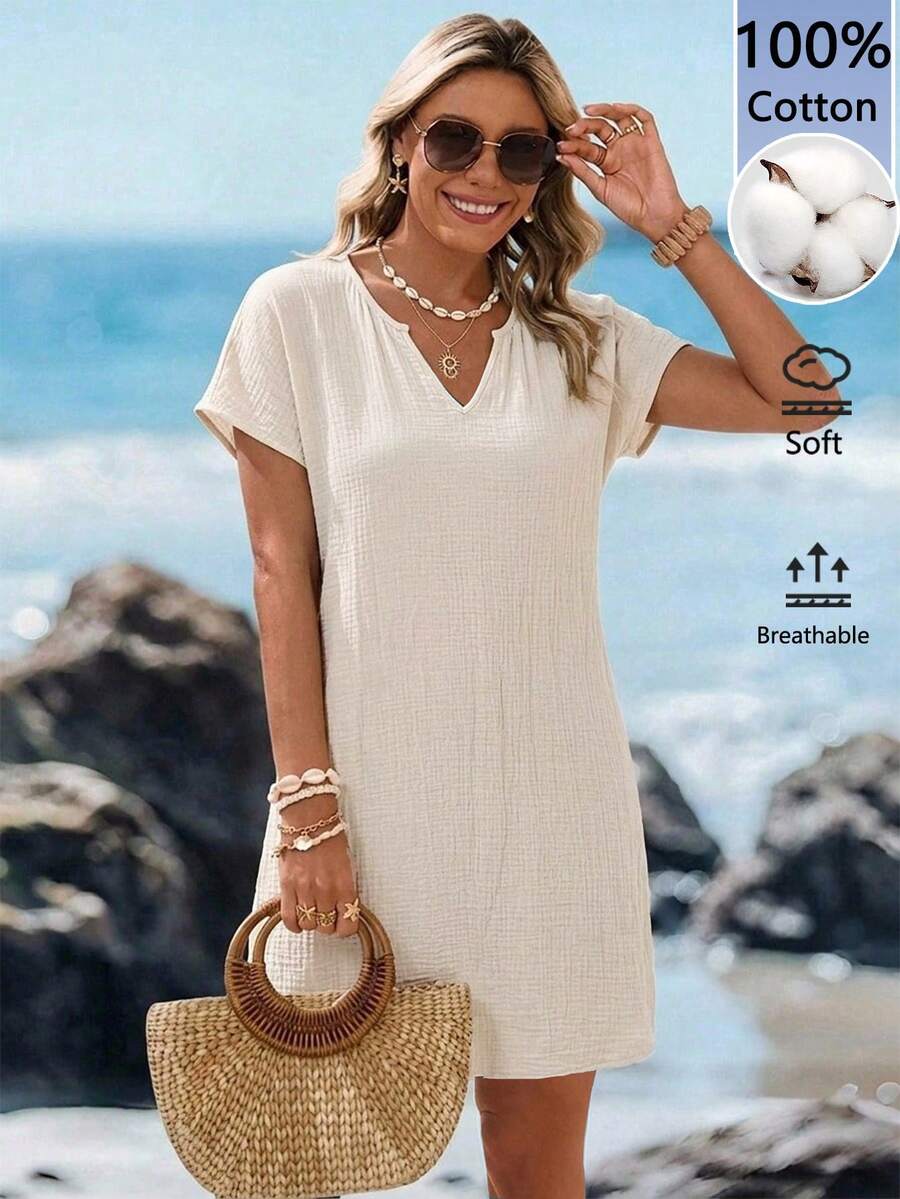 SHEIN LUNE 100%純棉雙層棉皺褶面料卡其色女款休閒極簡V領短洋裝,適合春/夏,夏季洋裝,度假洋裝,女款夏季洋裝 - 卡其色 - 查看 1