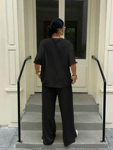 Muchica Plus Size Solid Color Round Neck Dropped Shoulder T-Shirt And Semi-Transparent Long Pants 2pcs Set - Black - View 2