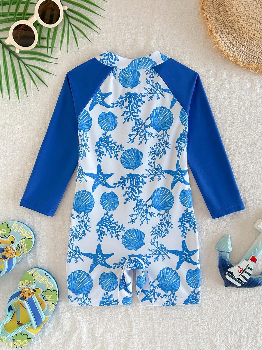 SHEIN 男嬰長袖半拉鍊貝殼與海星印花連身泳衣 - 藍色 - 查看 1