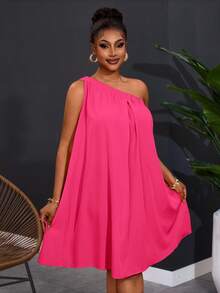 Slaydiva Plus Size Women's One Shoulder Sleeveless Solid Color Wide Leg Dress - Hot Pink - View 5