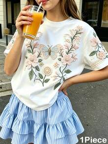 1件青少年女孩休閒T恤，輕鬆風格，休閒時尚感，適合營造輕鬆氛圍，優雅寬鬆版型，仿刺繡設計，仿珍珠圖案印花T恤，圓領寬鬆版型T恤 - 彩色 - 查看 3